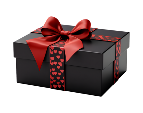 black gift box with red heart pattern ribbon and bow on transparent background.