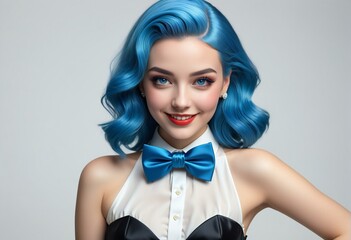Portrait of beautiful young woman with blue hair and bow tie - Powered by Adobe