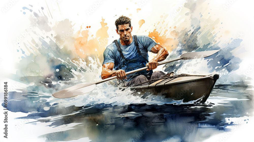 Wall mural abstract watercolor illustration of kayak sport or pastime. kayaker player in action during colorful - Wall murals