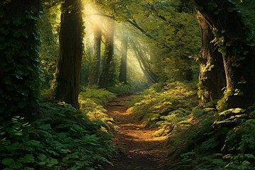 Sunlight in the autumn forest with path and sunbeams