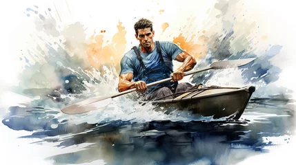 Foto op Canvas Abstract watercolor illustration of kayak sport or pastime. Kayaker player in action during colorful paint splash, isolated on white background. AI generated. © Czintos Ödön