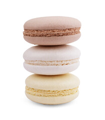 Row of delicious colorful French macaroons of different flavors on white background, panoramic shot