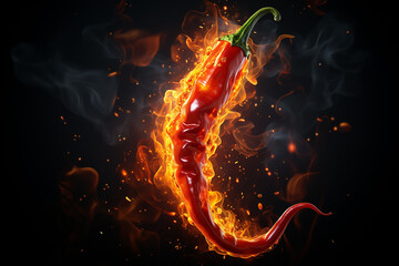 Carolina Reaper. Fresh red chili pepper in fire as a symbol of burning feeling of spicy food and spices. - obrazy, fototapety, plakaty