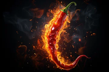 Afwasbaar Fotobehang Hete pepers Carolina Reaper. Fresh red chili pepper in fire as a symbol of burning feeling of spicy food and spices.
