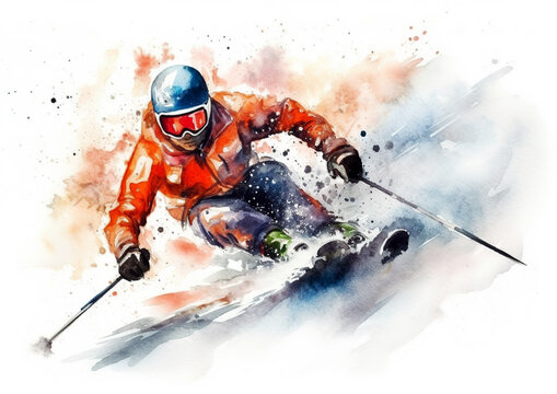 Watercolor abstract illustration of Skiing. Skiing in action during colorful paint splash, isolated on white background. AI generated .
