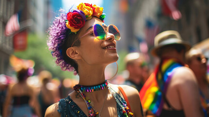 LGBT pride. Happy female at the LGBT parade. Freedom of love and diversity