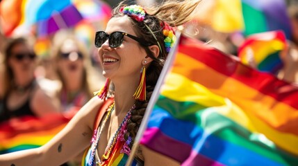 LGBT pride. Happy female at the LGBT parade. Freedom of love and diversity