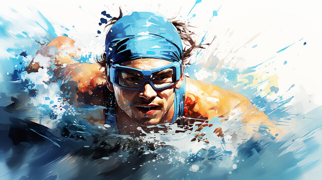 Watercolor abstract illustration of swimmer. Swimming action during colorful paint splash isolated on white background. AI generated.