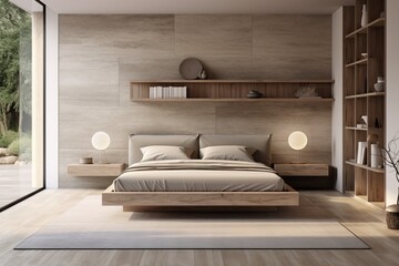 Spacious bed with a simple design and neutral bedding. Minimalist nightstands and lighting