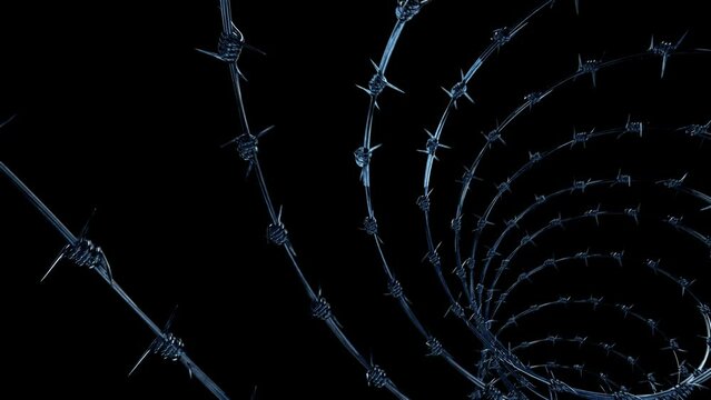 Barbed wire coil metal steel with thorns and spikes realistic 3D render, 4K HD infinite immersive loop with blue lighting and mask