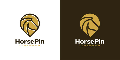 Creative Horse Pin Logo. Horse Head Pin Location Map Linear style Icon Vector Logo Design. - obrazy, fototapety, plakaty