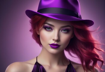 Portrait of beautiful young woman with bright makeup and purple hat