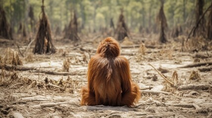 sad-looking orangutan in a degraded forest generative ai