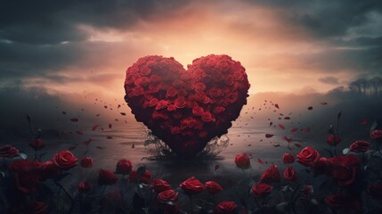 An intricate heart shape made entirely of fresh red roses, surrounded by a misty ambiance.