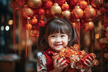 Fototapeta na wymiar Little Asian girl enjoying the Christmas decorations she is putting up in her house