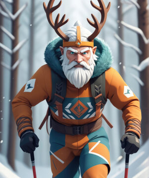 Dynamic Action of Ullr - Flat illustration of a Nordic god skiing swiftly through a snowy forest Gen AI