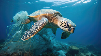 sea turtle entangled in discarded fishing nets, representing ocean pollution generative ai