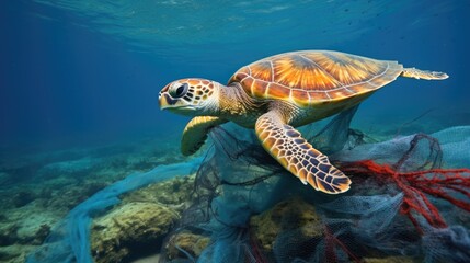 Obraz premium sea turtle entangled in discarded fishing nets, representing ocean pollution generative ai