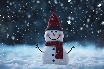 Snowman with red hat and scarf on snowy background,  Christmas and New Year concept
