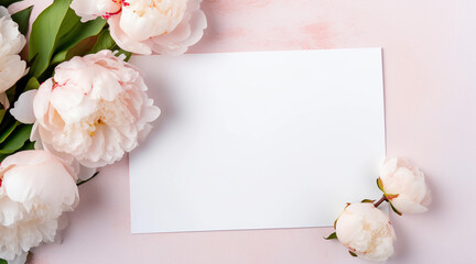 Wedding stationery mock up scene. White blank paper for invitations and greeting card with pastel pink peonies flowers composition.