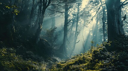 A woodland scene with sunlight streaming through mist in a forest. The trees are covered with moss,...