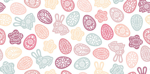 Easter background. Color egg, bunny rabbit, star. Paper cut style Easter symbol. Egg hunt. Egg banner,wallpaper. Color gingerbread cookies papercut. Happy Easter day backdrop.