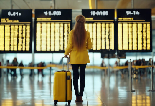 Viaggio Internazionale- Controllo Volo in Aeroporto da Parte di una Giovane Donna con una Valigia Gialla