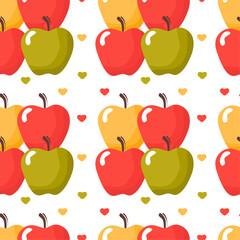 Seamless polka dot, symmetrical pattern of drawn apples, hearts