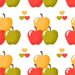 Seamless polka dot, symmetrical pattern of drawn apples, hearts