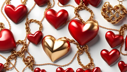 Hanging 3d red and gold love hearts tied with thin and thick chains