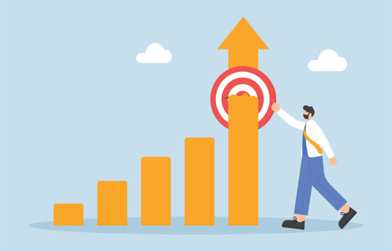 Surpassing sales target, great success in generating revenue for the company, business growth concept, Businessman celebrating after bar graph break through target.

