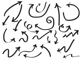 Hand drawn arrow set. Hand drawn Arrows icons Set. Arrow icon with various direction. Doodle vector illustration. Isolated vector arrows on white background.  Vector illustration.