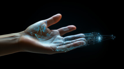 Obraz premium Digital hand hologram on dark background with copy space, Ai generated image.