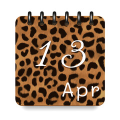 13 day of the month. April. Leopard print calendar daily icon. White letters. Date day week Sunday, Monday, Tuesday, Wednesday, Thursday, Friday, Saturday. White background. Vector illustration.