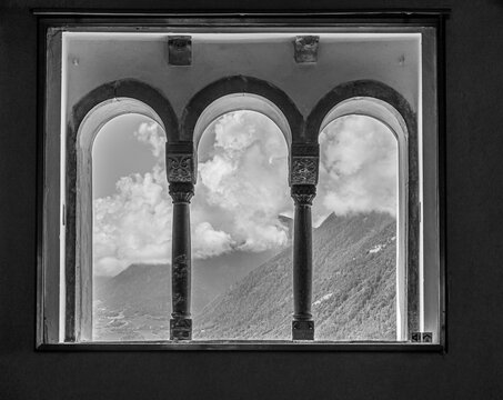 triple lancet window of Tyrol Castle in South Tyrol near Merano, Bolzano province,Trentino Alto Adige,italy - black and white image