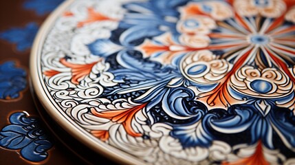 Close-up of a ceramic table top, showcasing its intricate hand-painted designs.
