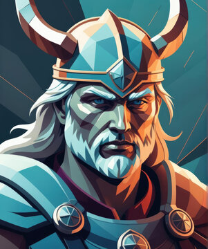 Flat Illustration - Close-up Portrait of a Nordic God in a Dynamic Action Scene Gen AI
