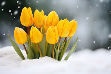 Bunch of yellow tulip spring flowers blooming between snow during late winter or early spring
