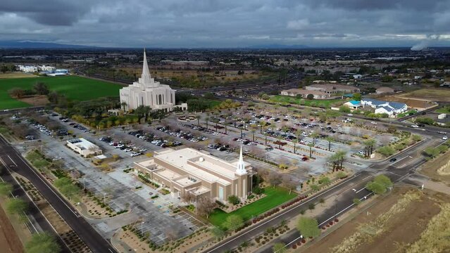 Mormon Temple in Gilbert Arizona, America, USA. Stunning architecture, floral displays and stained-glass windows. 