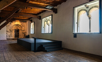 Tyrol Castle, Merano, South Tyrol, Italy, June 14, 2023: interior of the Castle. knight Hall - obrazy, fototapety, plakaty
