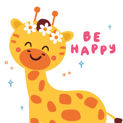 hand drawing cartoon giraffe with happy smile. cute drawing for card, wallpaper, background
