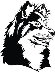 Cartoon Black and White Isolated Illustration Vector Of A Pet Finnish Lapphund Puppy Dogs Face and Head