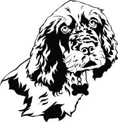 Cartoon Black and White Isolated Illustration Vector Of A Pet Spaniel Puppy Dogs Face and Head