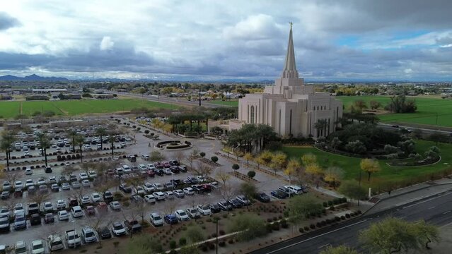 Mormon Temple in Gilbert Arizona, America, USA. Stunning architecture, floral displays and stained-glass windows. 