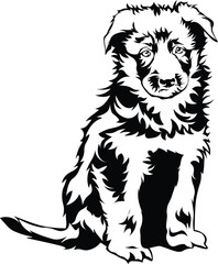 Cartoon Black and White Isolated Illustration Vector Of A Fluffy Pet Puppy Dog Sitting Down
