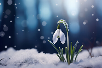 Single Snowdrop spring flower covered in snow in early spring with copy space