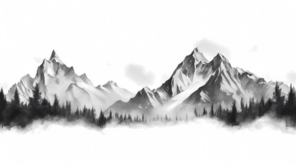 Black and white hand drawn pencil sketch of mountain scene with rocky peaks in graphic style on white background. Silhouette concept