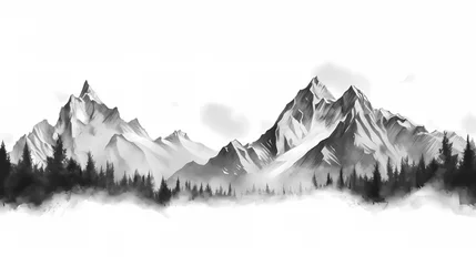 Fotobehang Black and white hand drawn pencil sketch of mountain scene with rocky peaks in graphic style on white background. Silhouette concept © ting