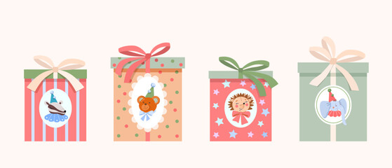 Four children's gifts, packed in cardboard boxes with lid, wrapped in wrapping paper, with bows tied, stickers with cute animal heads: teddy bear, elephant, raccoon, hedgehog. Vector illustration.  - obrazy, fototapety, plakaty
