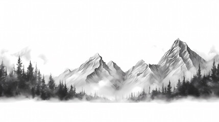 Black and white hand drawn pencil sketch of mountain scene with rocky peaks in graphic style on white background. Silhouette concept